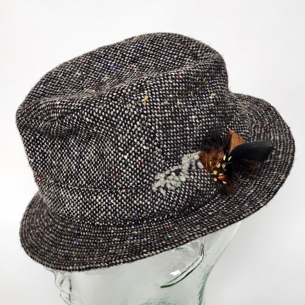 Vtg Hanna Hats of Donegal Irish Tweed Walking Hat Wool Fedora Flecked Feather S